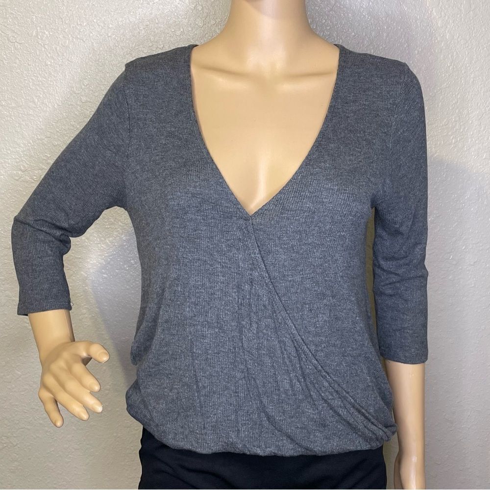 Full Tilt 3/4 Sleeve Faux Wrap Bodice Shirt Blouse Gray Size Large